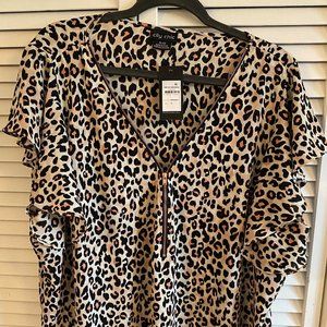 City Chic Leopard Print Top Zip V-Neck Flutter Sleeve Women's Top Plus Size 22